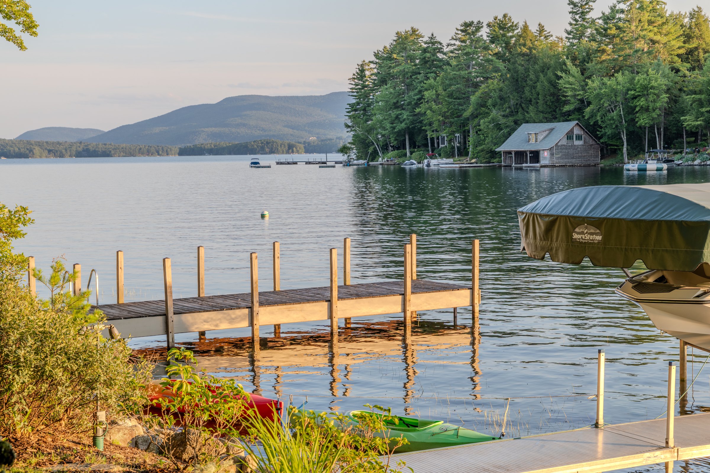 Lake Sunapee and mountains beyond Woodland’s private dock